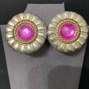 Vintage 80’s Silver Tone & pink acrylic floral button clip-on Earrings